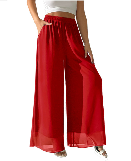 heipeiwa Womens Chiffon Dress Beach Wide Leg Palazzo Pants Elastic Waist Trouser