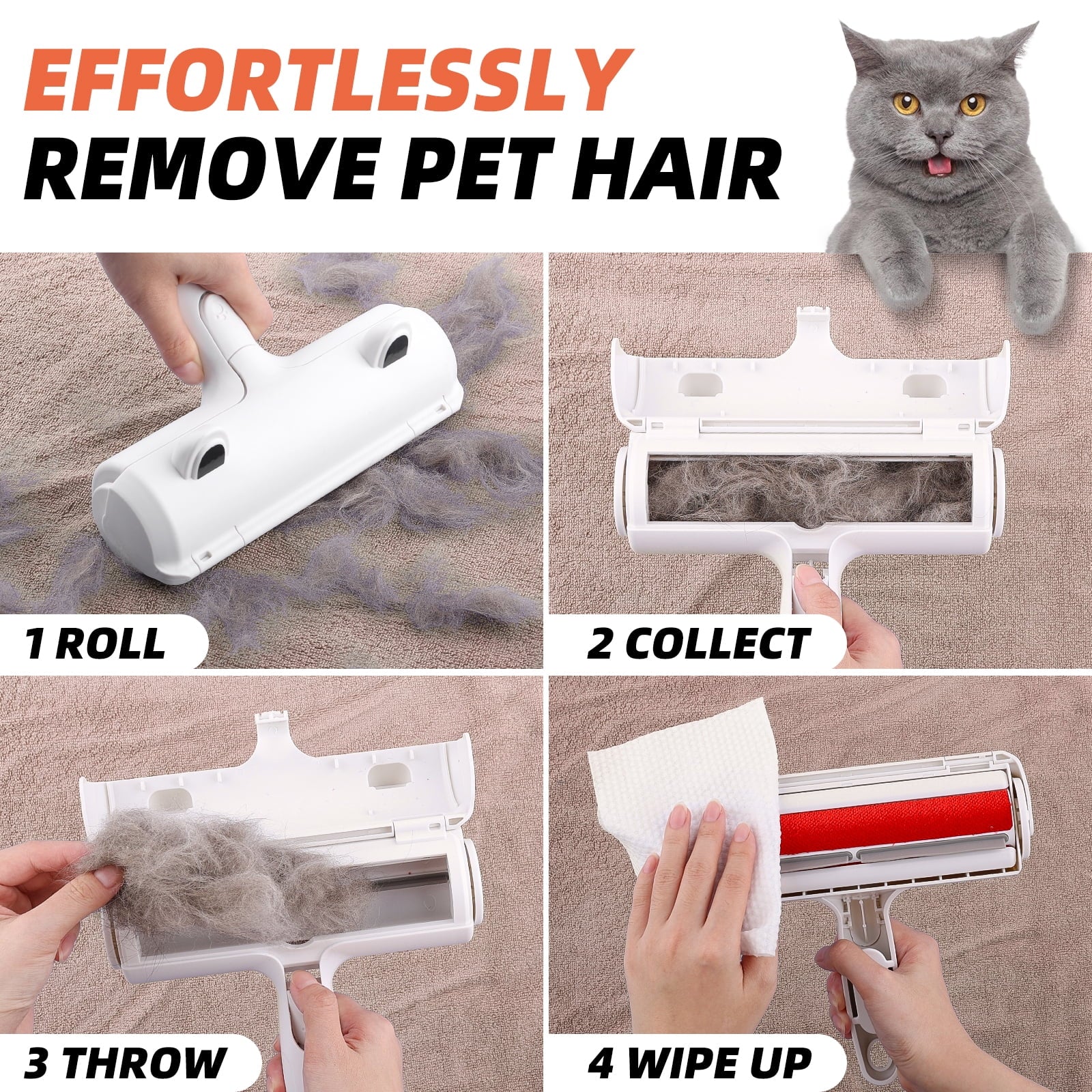 Resuable Pet Hair Remover Multi-Surface Cat & Dog Fur Lint Roller for Furniture & Clothing,White