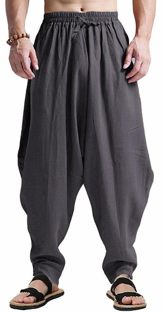CLANMILUMS Mens Cotton Harem Pants Casual Loose Hippie Drop Crotch Trouser (3X-Large Dark Gray)